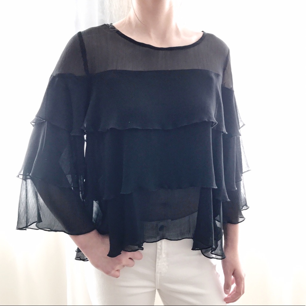 Sheer Multi Tiered Ruffle Angel Sleeve Blouse - Picture 7 of 8