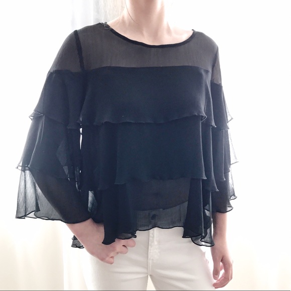 Sheer Multi Tiered Ruffle Angel Sleeve Blouse - Picture 7 of 8