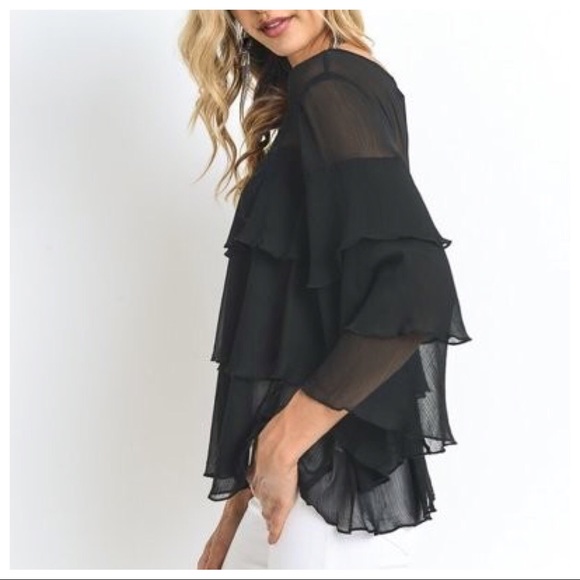 Sheer Multi Tiered Ruffle Angel Sleeve Blouse - Picture 2 of 8