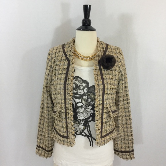 True Meaning Jackets & Blazers - Brown and gold tweed blazer with faux fur broach