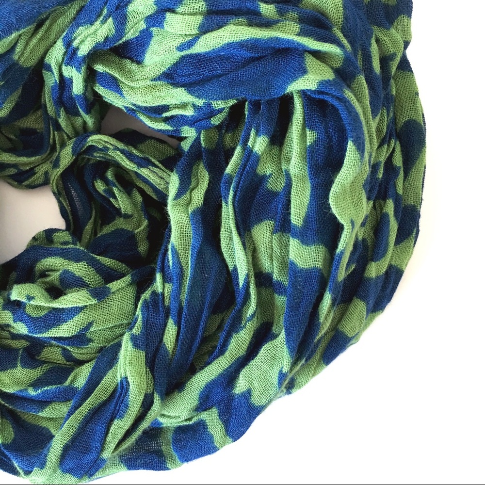 Green and blue brocade print long scarf