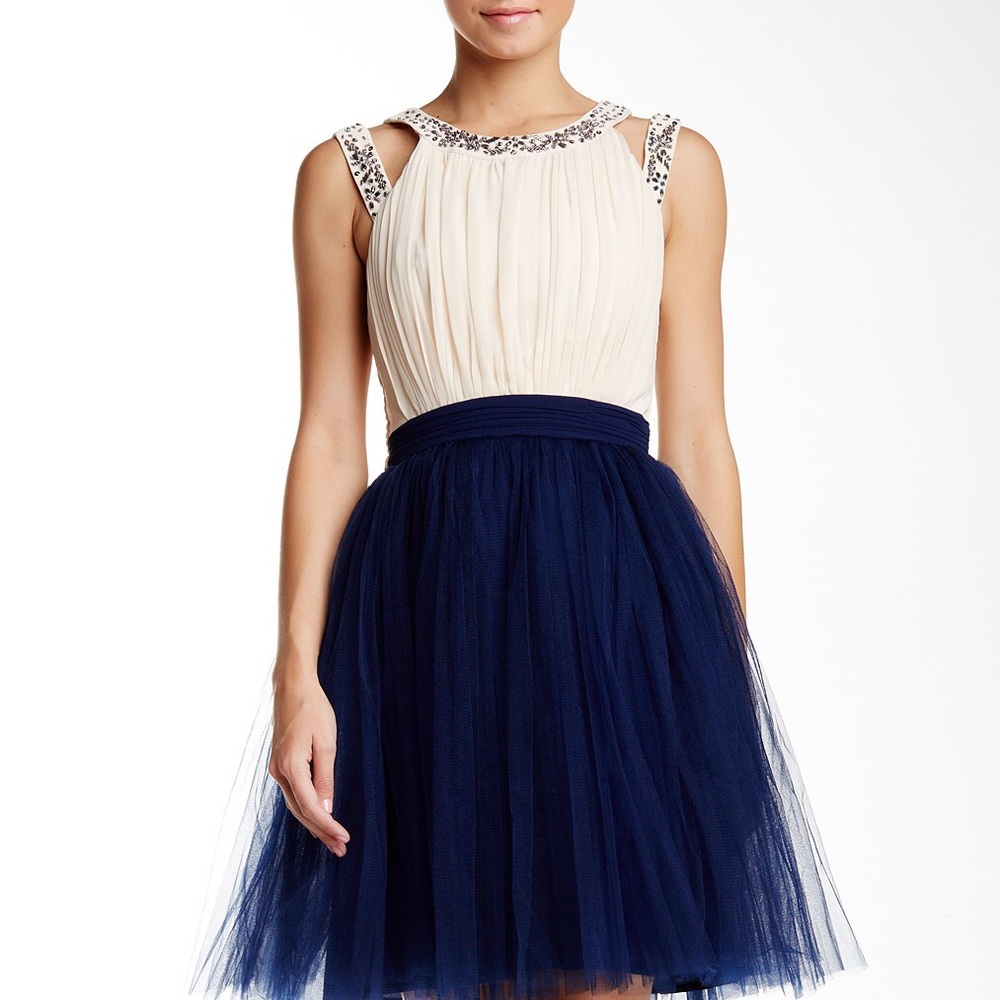 Embellished neck formal dress with tulle skirt