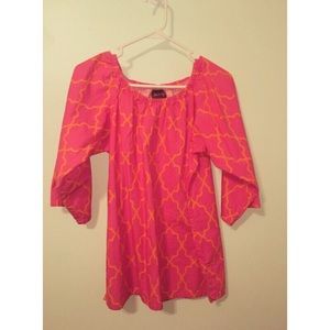 Pink and orange patterned, mid-sleeved shirt