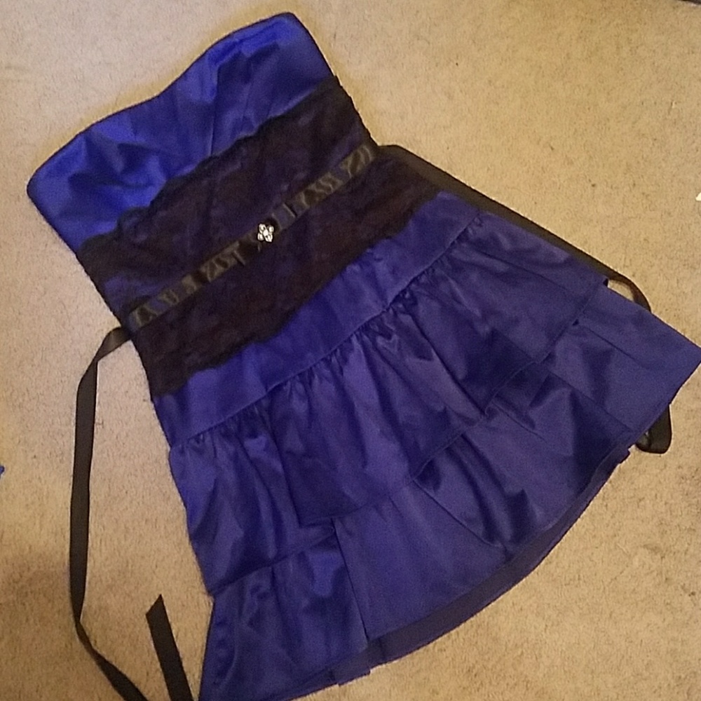 Strapless Mystic Blue Tiered Lace Formal Dress