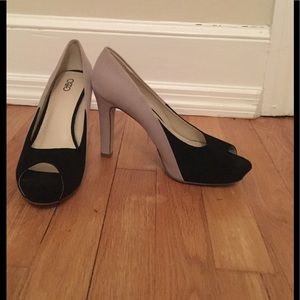 Black and gray peeptoe heels