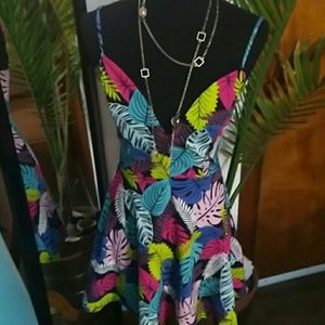 Tropical Print Deep V Neck Skater Dress