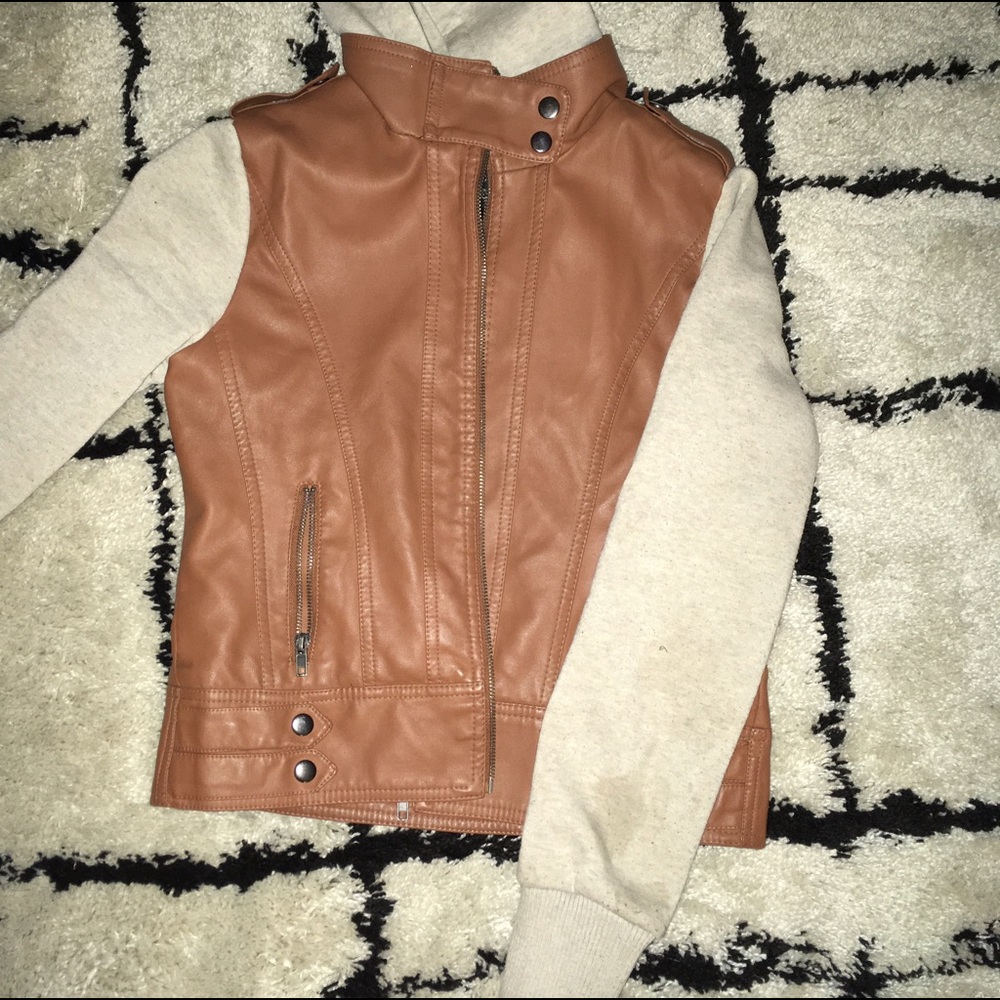 Faux Carmel Leather Jacket w/ Fabric Sleeves