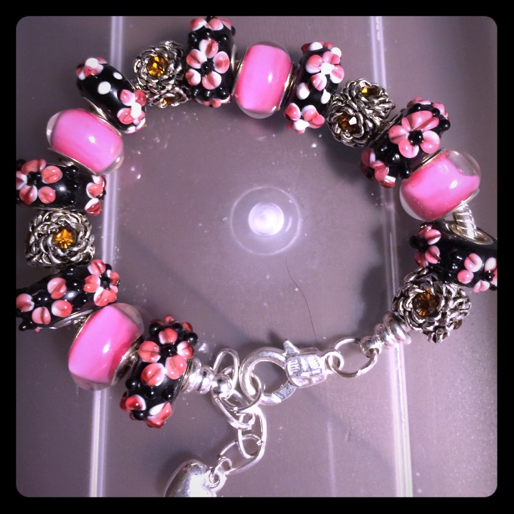 Murano Glass Beads Silver Bracelet.