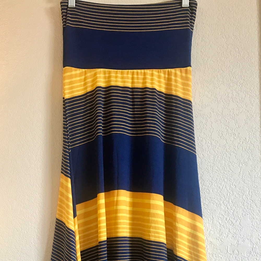 LuLaRoe XXS Maxi Skirt Navy Blue and Yellow Stripe