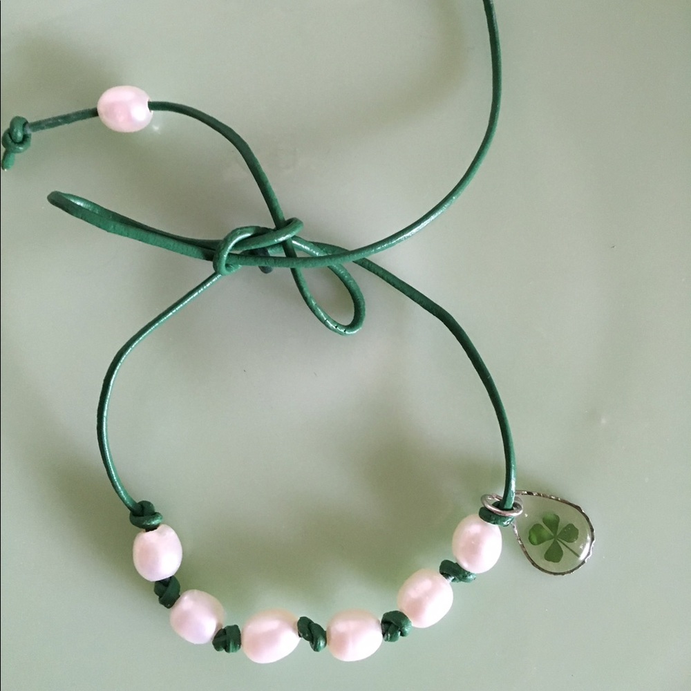 Leather bracelet freshwater pearl 4-leaf clover !!