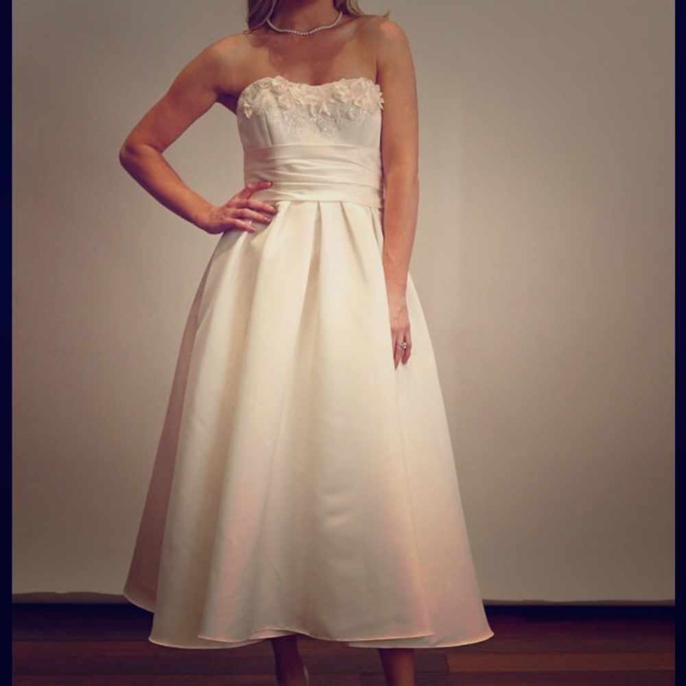 Vintage inspired ivory tea length wedding dress