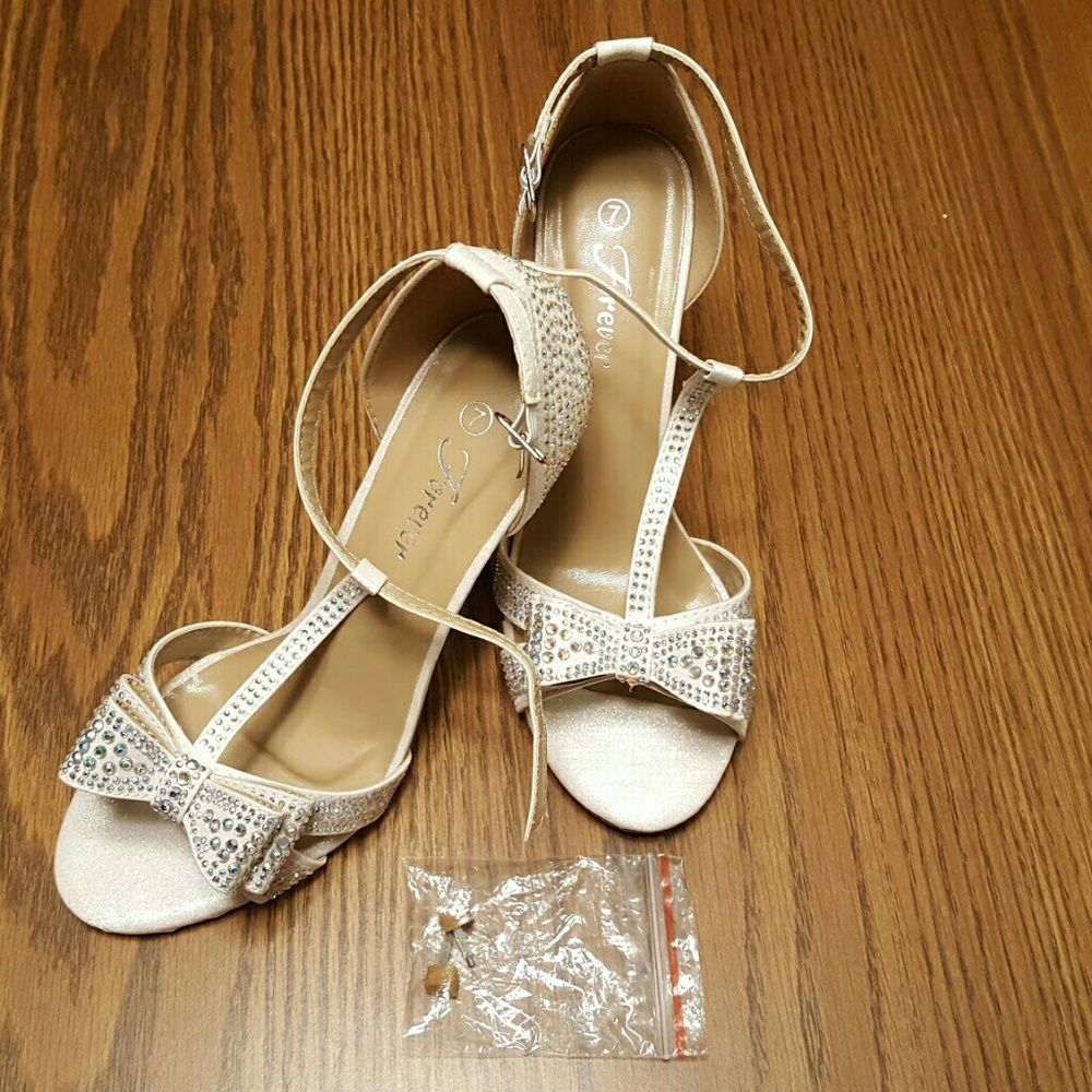Rhinestone T-strap White Heels