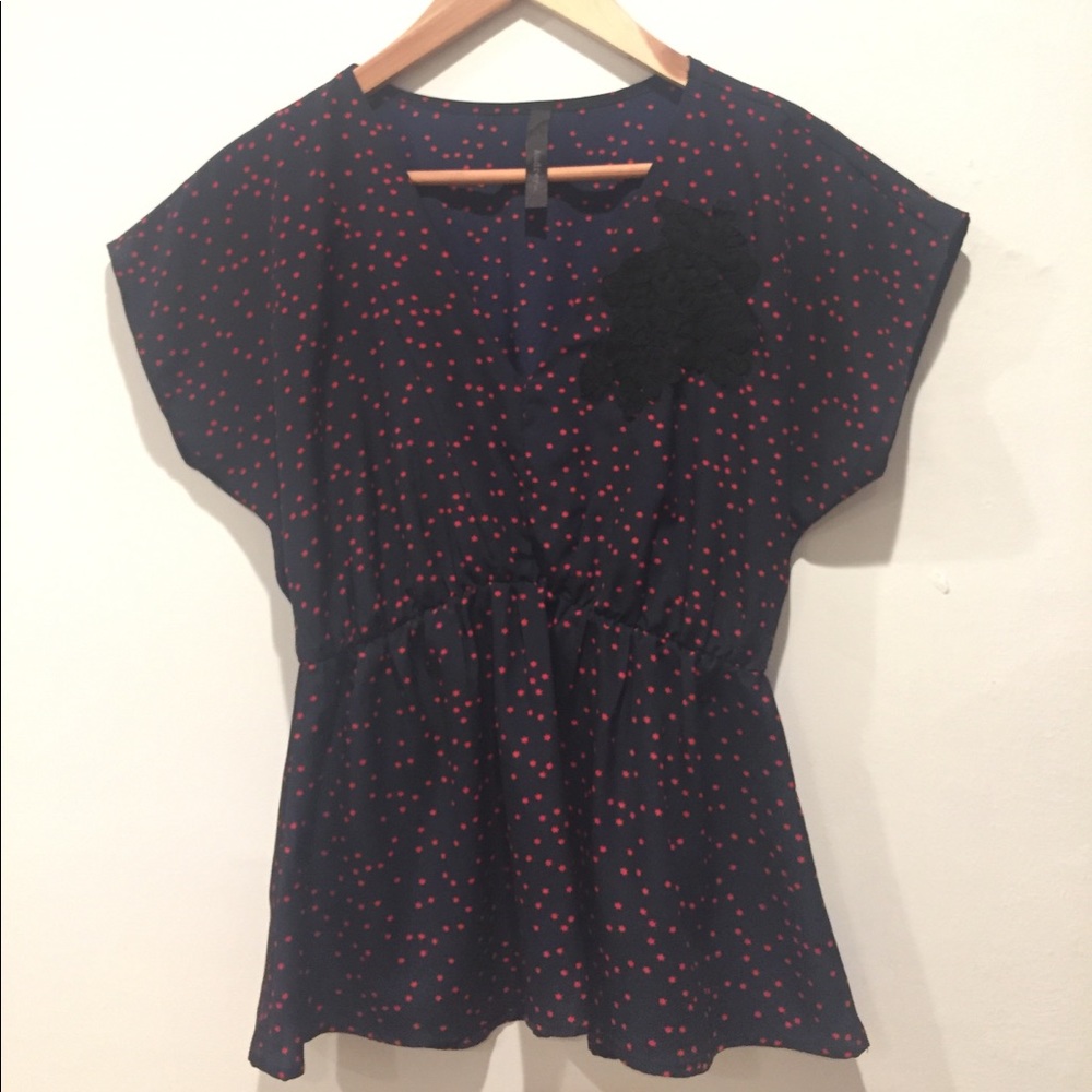 Navy Red Stars Peplum Top Embroidered