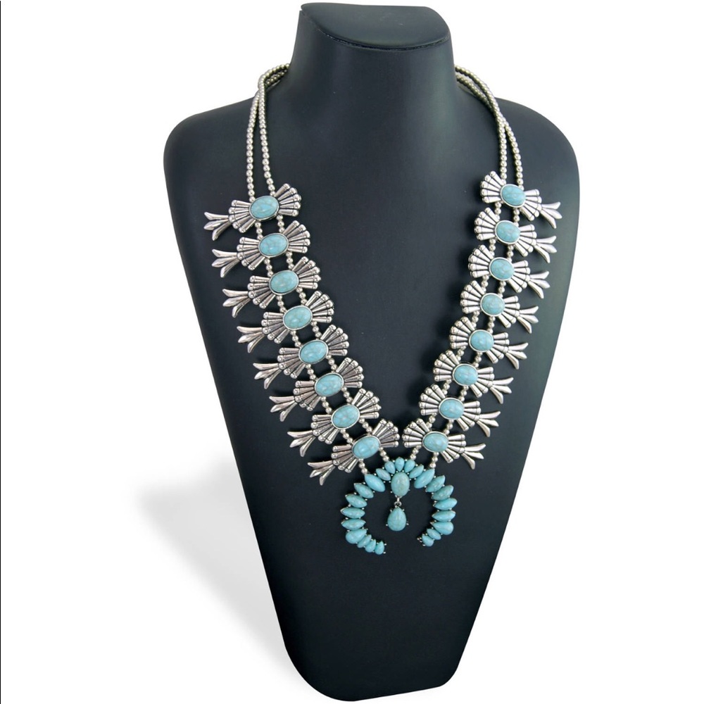 Silver & Turquoise Acrylic Stone Bohemian Necklace