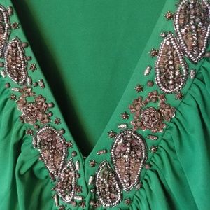 Anis.A Leaf Bead Embroidered Neckline Green Dress