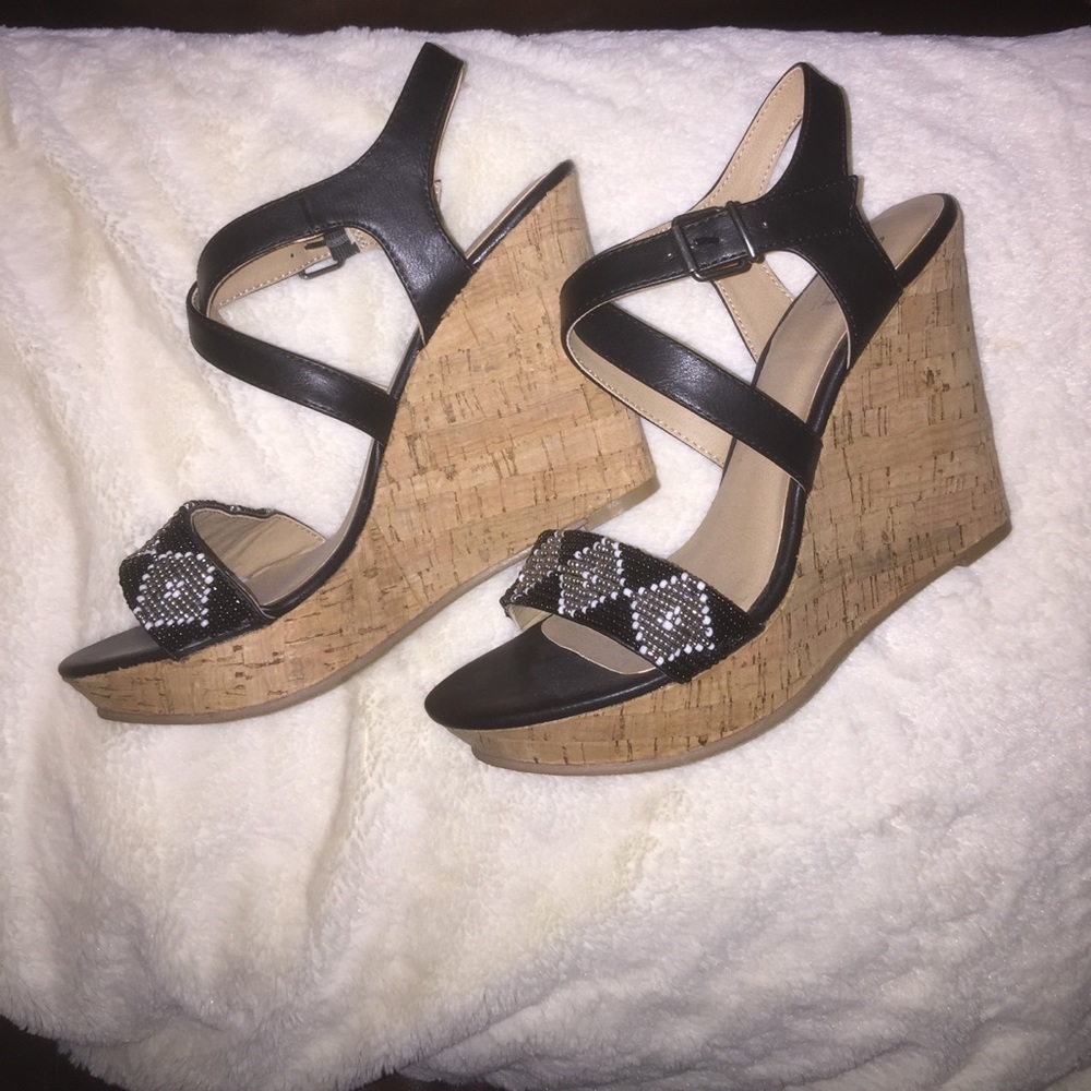 chic beaded wedges (never worn NWOT)