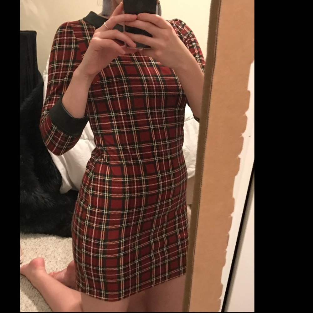 60s style red plaid dress w/ faux leather trim