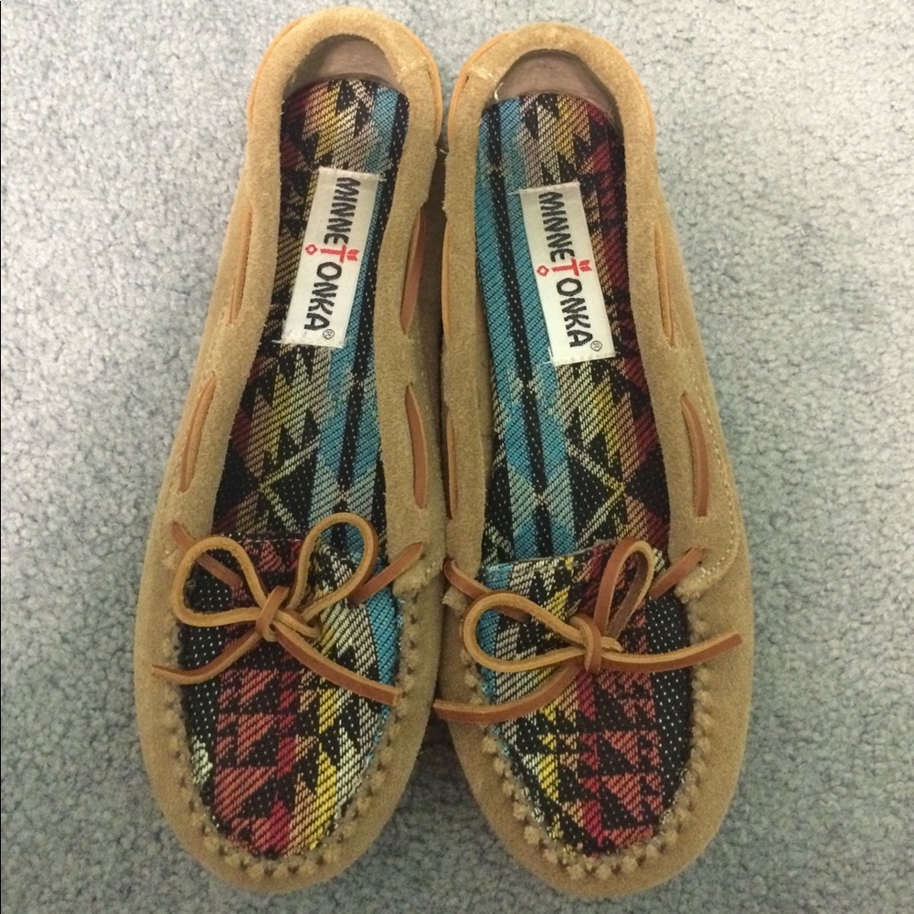 Tan and multicolored moccasins