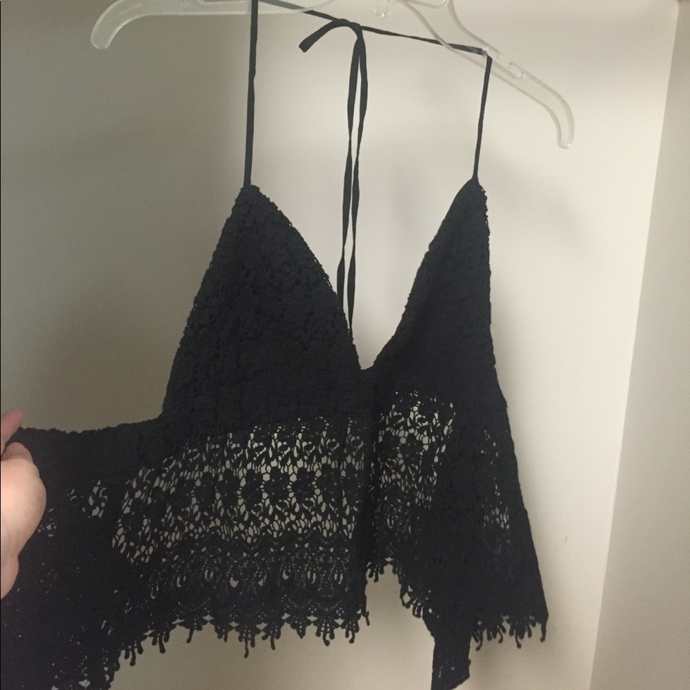 Black crop lace halter top.