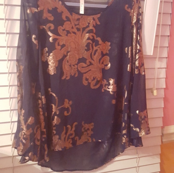 Navy Blue and Gold blouse  Small - Picture 2 of 6