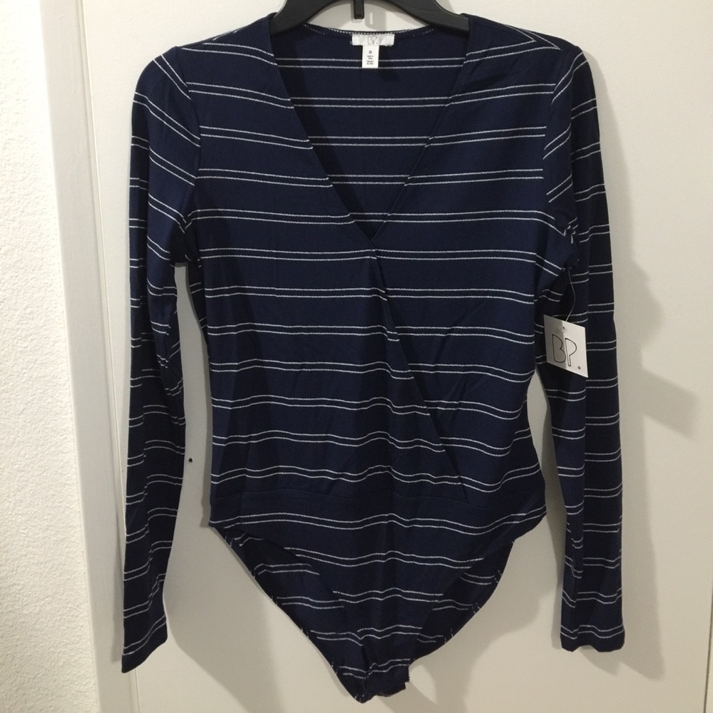 BP Long Sleeve Deep Bodysuit Blue and White Stripe