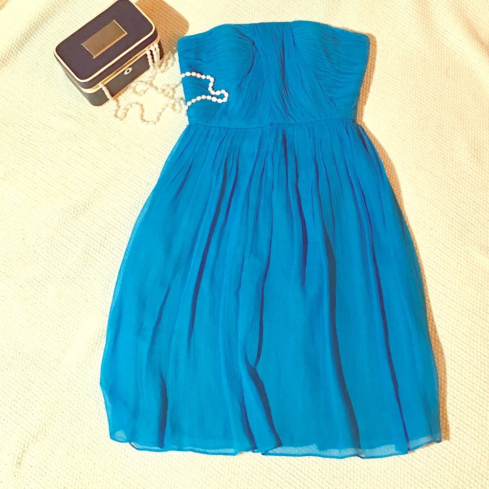 Strapless Teal Ruched Chiffon Dress