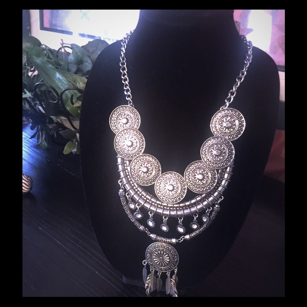 Tribal necklace statement piece in silver