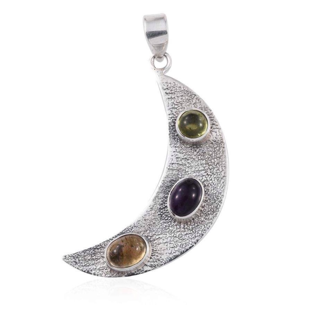 Half Moon SS and Genuine Multi Gemstone Pendant