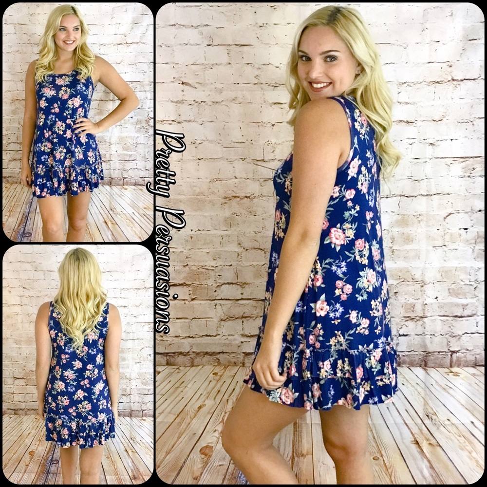 NWT Navy Floral Print Mini Dress Tunic - Picture 2 of 4