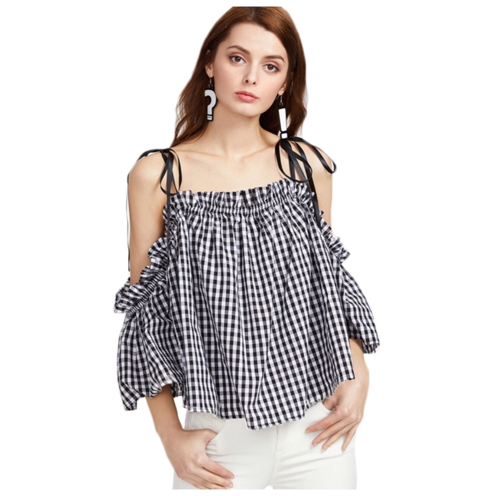 Gingham Check Off The Shoulder Tie Top - Picture 1 of 12