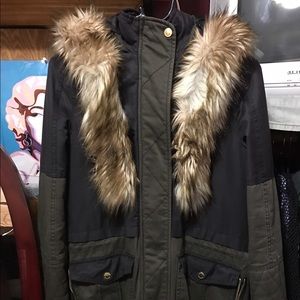 Express black and green parka with synthetic fur