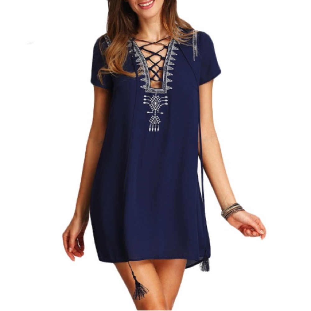 Split-Neck Dress Royal Blue Embroidered