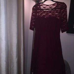 ASOS Maternity: Burgundy lace maternity dress.