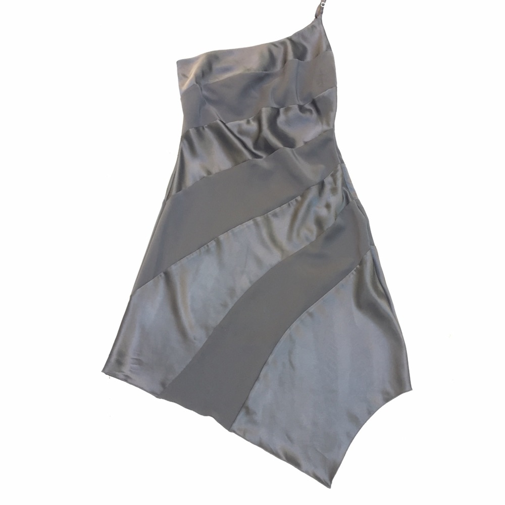 SOLD. BEBE black banded one shoulder satin dress
