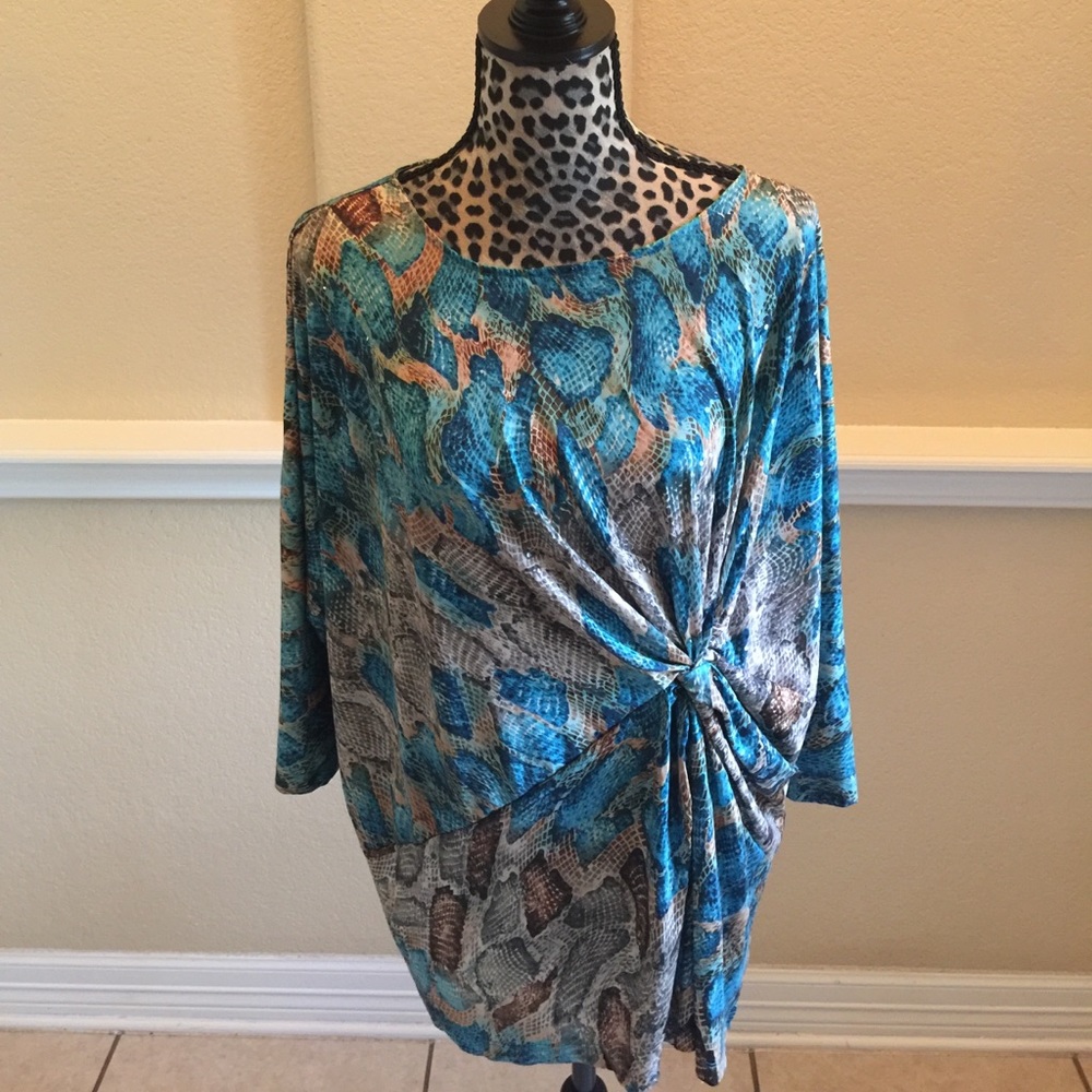 Snake patterned teal and brown blouse