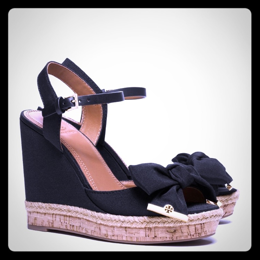 Tory Burch Penny wedges, black bow 7 bow wedges