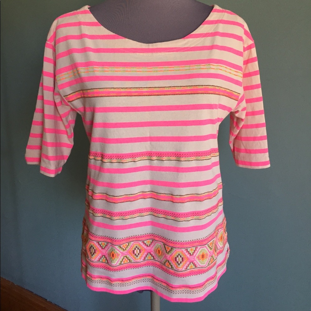 J.Crew pink stripe embroidered 3/4 sleeve top s