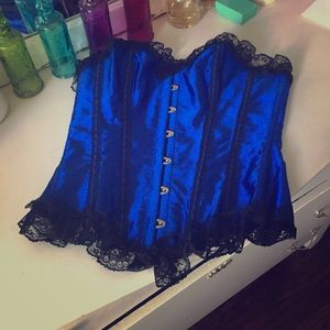 Blue corset with black lace trim
