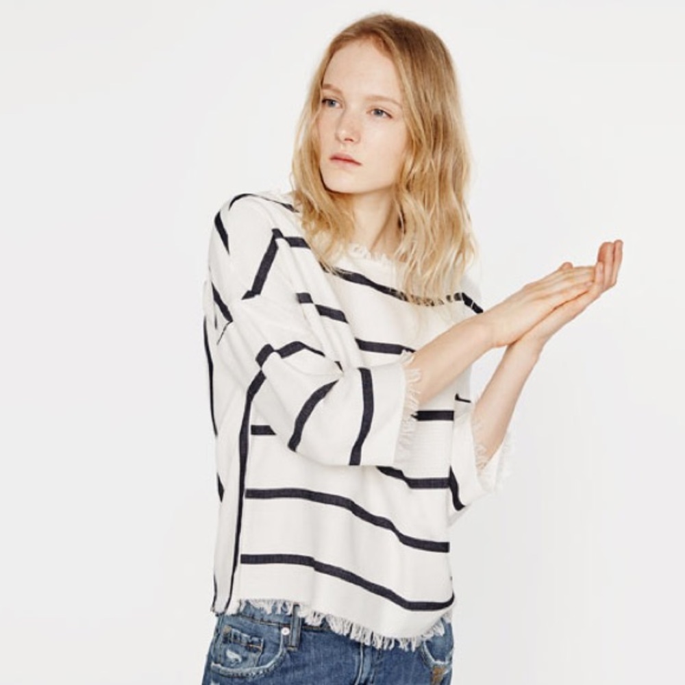 Zara blue white stripe frayed boxy top