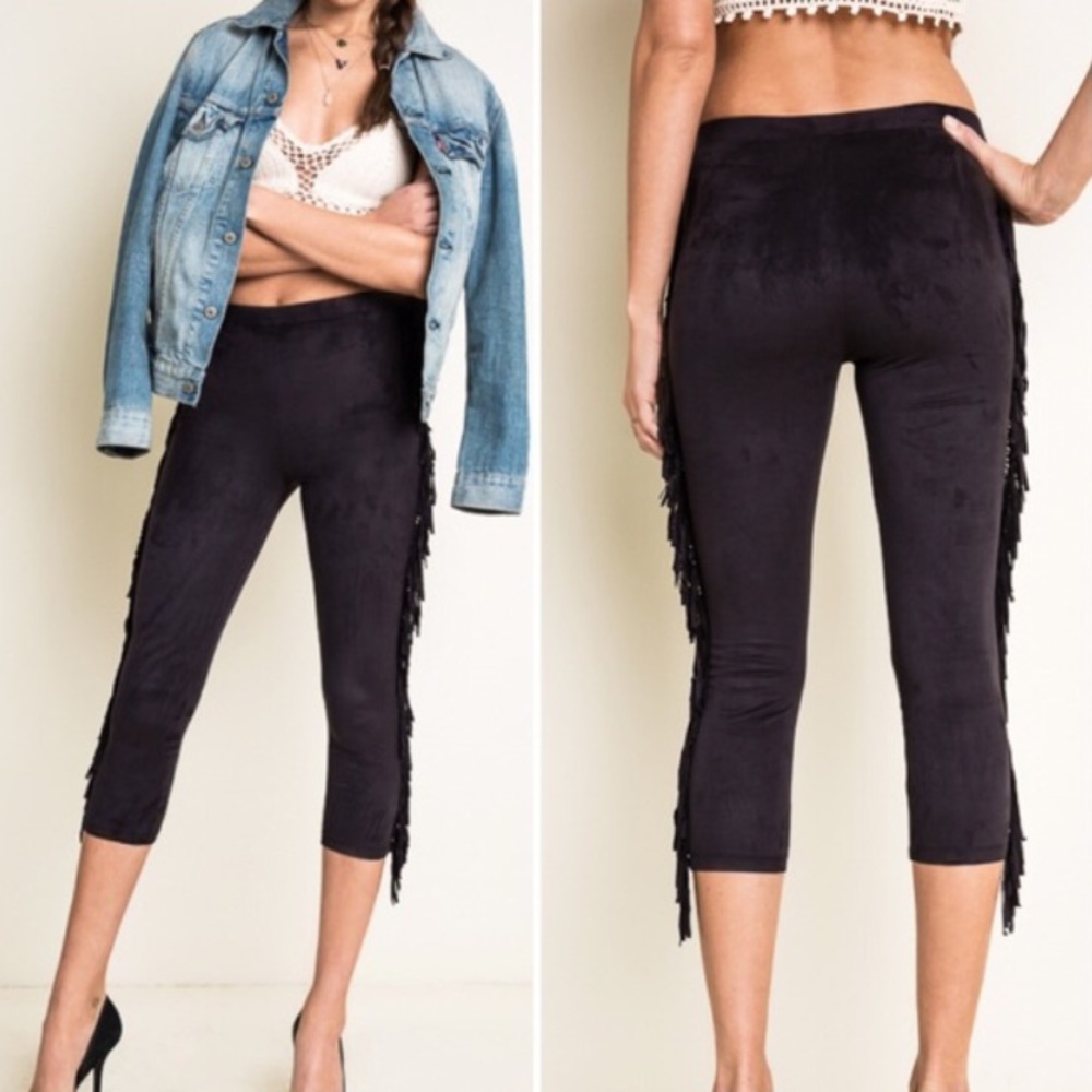 Black suede fringe leggings