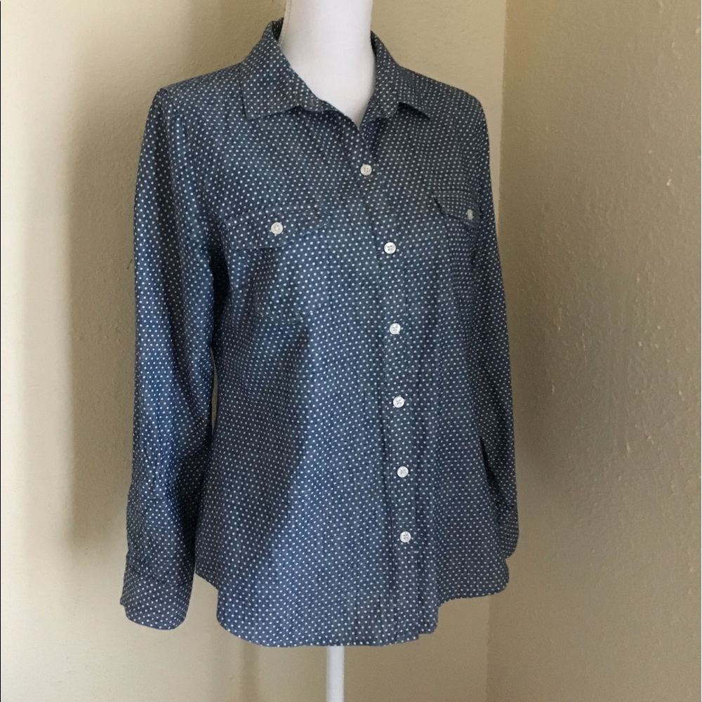 Chambray button up w/ small white polka dot print