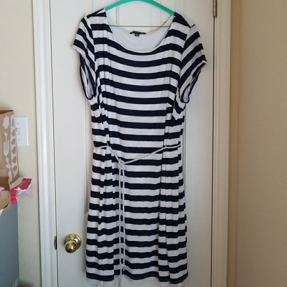 Navy and white striped dress from Sharagano