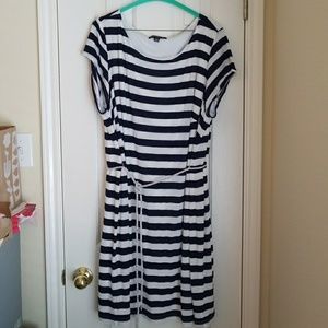 Navy and white striped dress from Sharagano