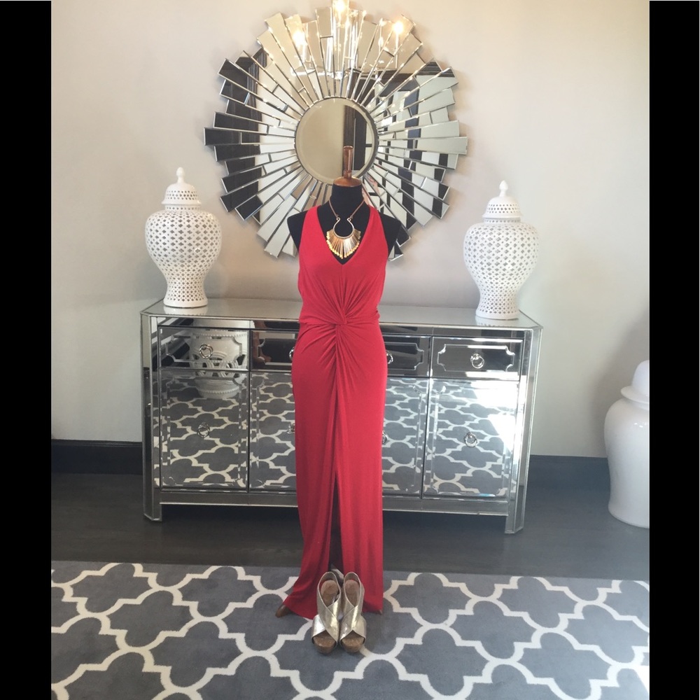 Akiko Red Halter twist front Maxi Dress