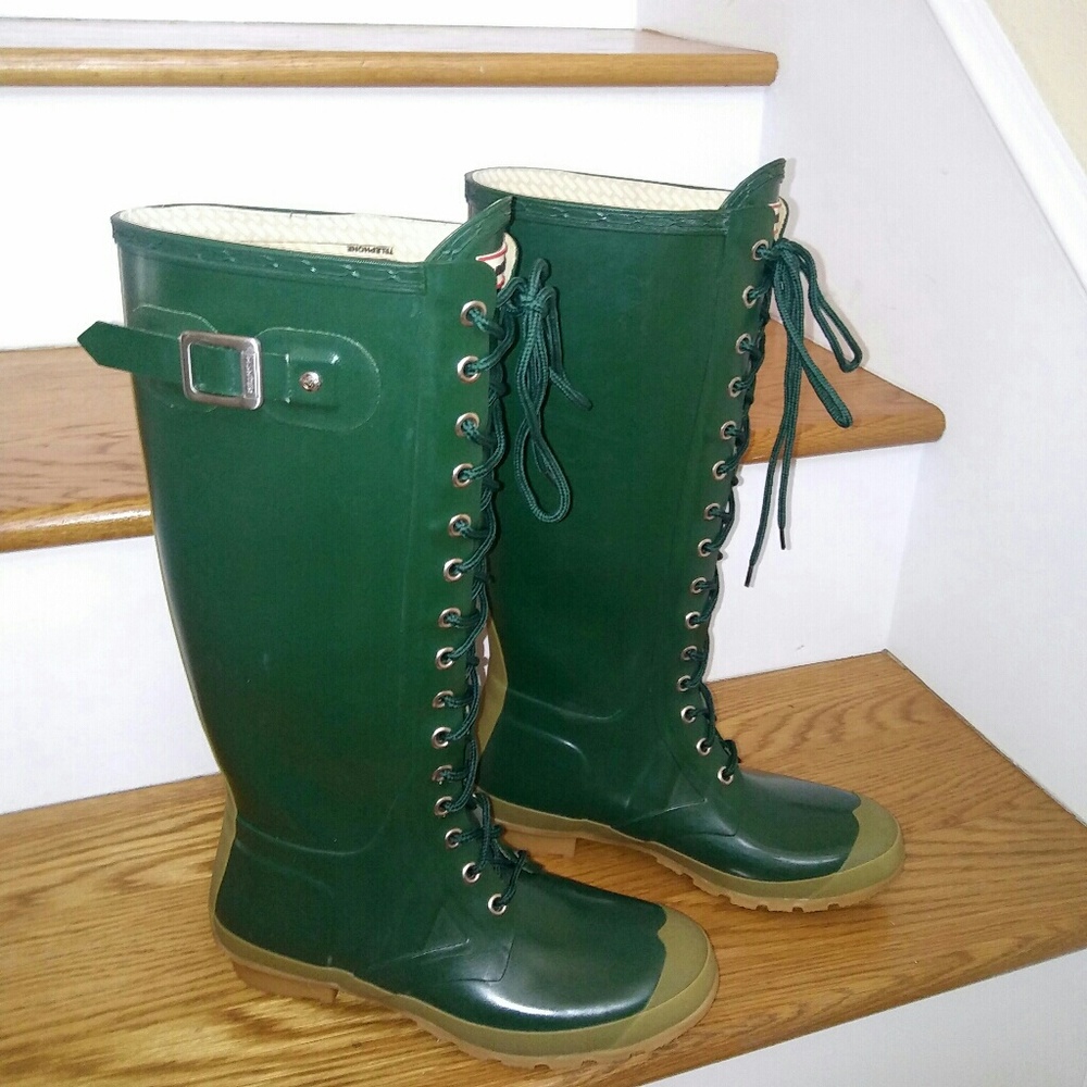 Hunter Watling Green 2 tone lace up rain boot sz 7