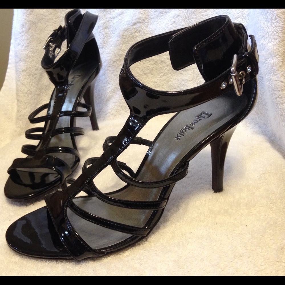 Black patent cage strapped heels