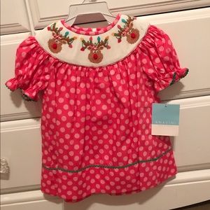 NWT!!! Pink Polkadot Reindeer smocked Bishop