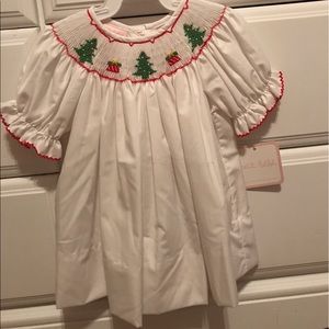 NWT!! Christmas Trees white Bishop smocked dress