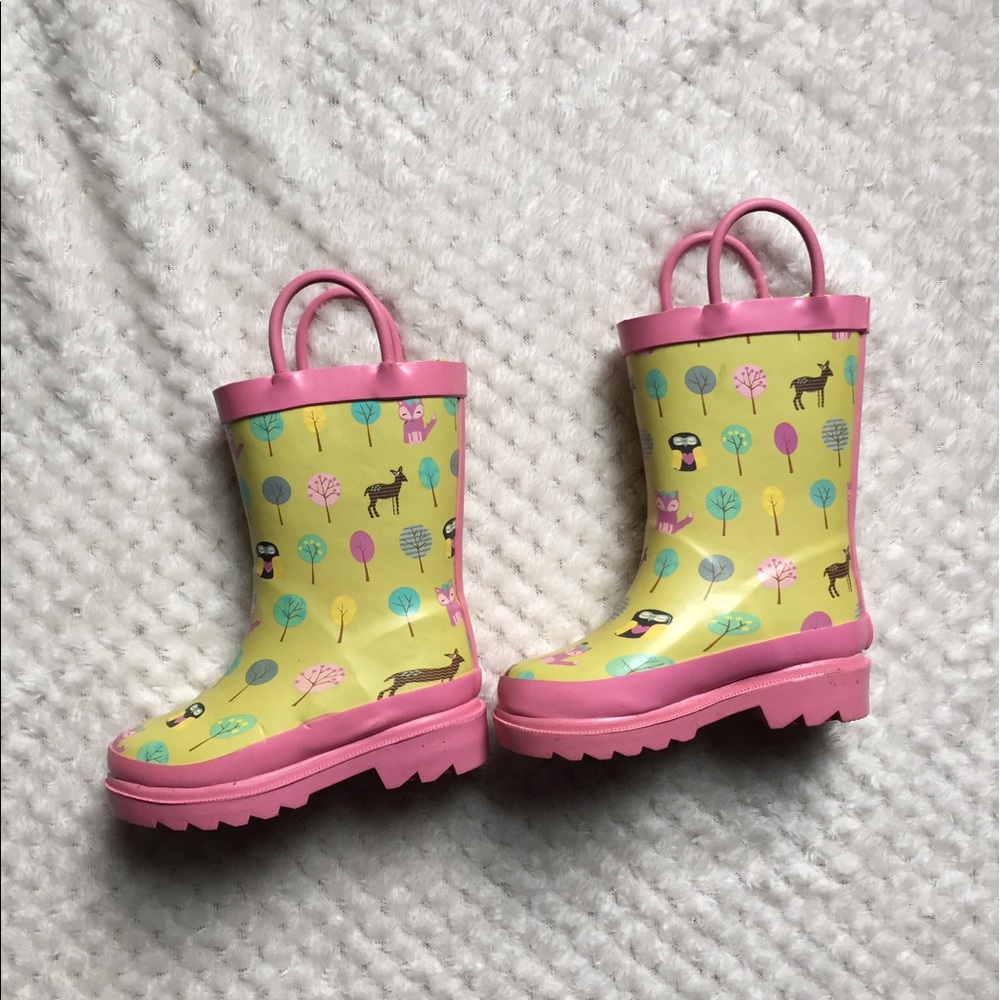 Toddler Girls Rain Boots Pink/Yellow Forest Animal
