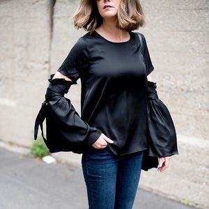 Black satin bell sleeve top
